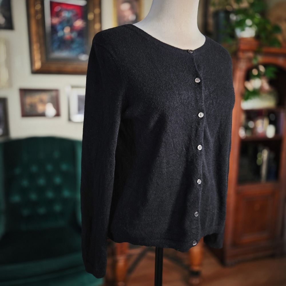 Cardigan Lands End Black 100% Cashmere Sweater Petite Medium MP Button Front Top